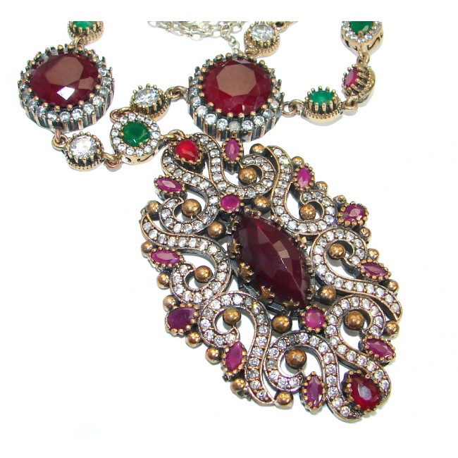 Huge Victorian created Ruby Emerald & White Topaz .925 Sterling Silver necklace