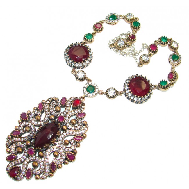 Huge Victorian created Ruby Emerald & White Topaz .925 Sterling Silver necklace