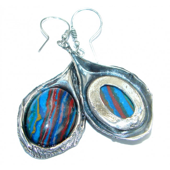 Huge Vintage Design Rainbow Calsilica .925 Sterling Silver handmade earrings