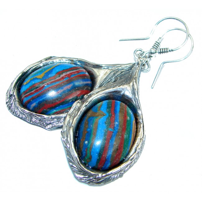 Huge Vintage Design Rainbow Calsilica .925 Sterling Silver handmade earrings
