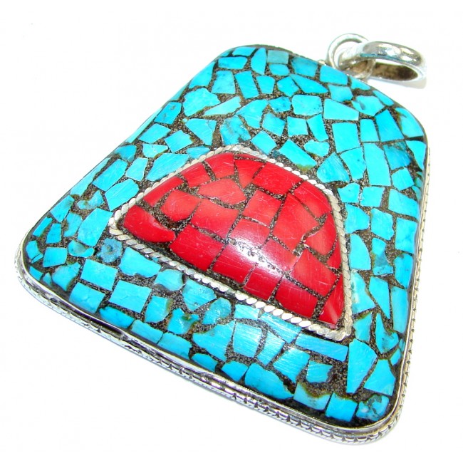 Huge Exquisite Turquoise .925 Sterling Silver handmade Pendant