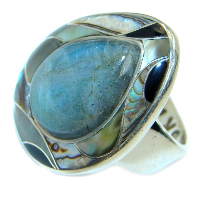 Very Unique Blue Fire Labradorite oxidized .925 Sterling Silver handmade ring size 8