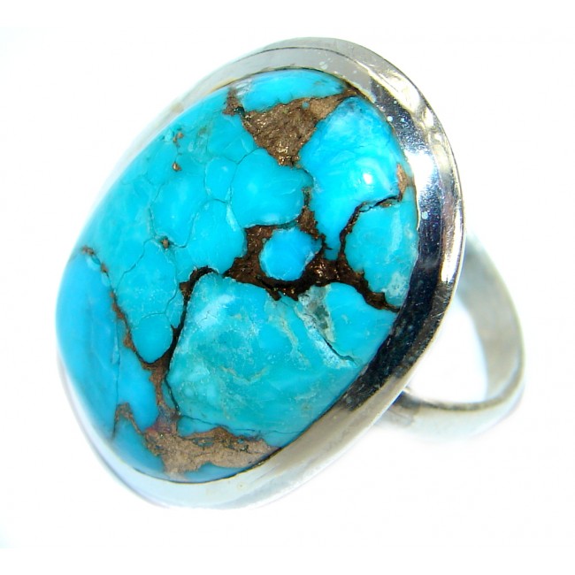 Copper Blue Turquoise .925 Sterling Silver handmade Ring s. 8
