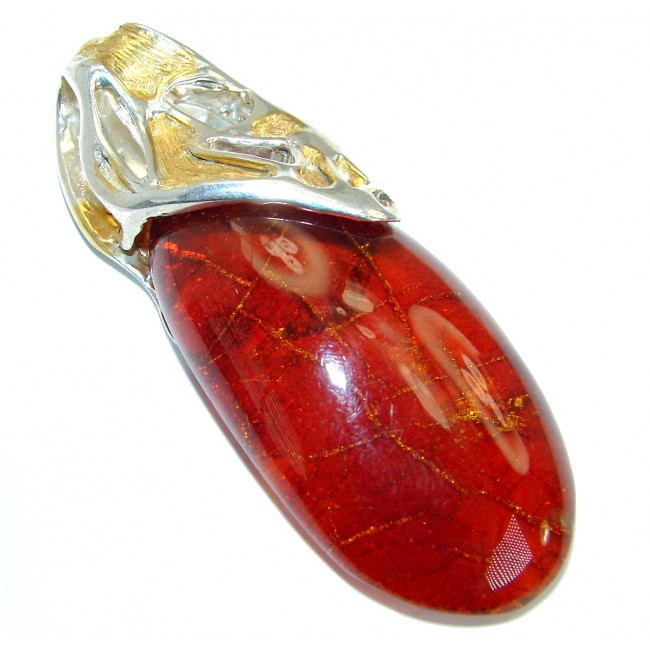Huge and Incredible natural Baltic Amber Two Tones .925 Sterling Silver handmade Pendant