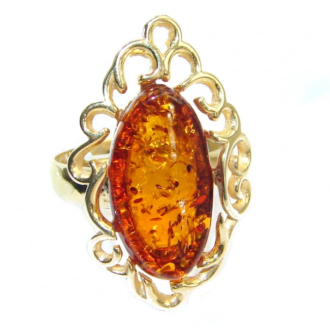Genuine Baltic Polish Amber 18 ct Gold over Sterling Silver handmade Statment Ring size 8 adjustable