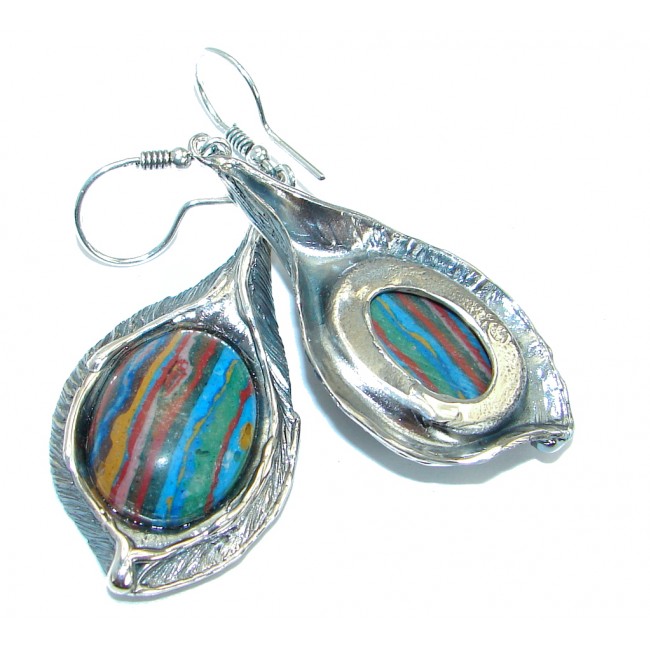 Vintage Design Rainbow Calsilica oxidized .925 Sterling Silver handmade earrings