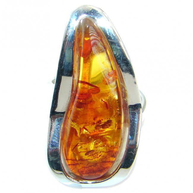 Genuine Baltic Polish Amber .925 Sterling Silver handmade Statment Ring size 7 adjustable