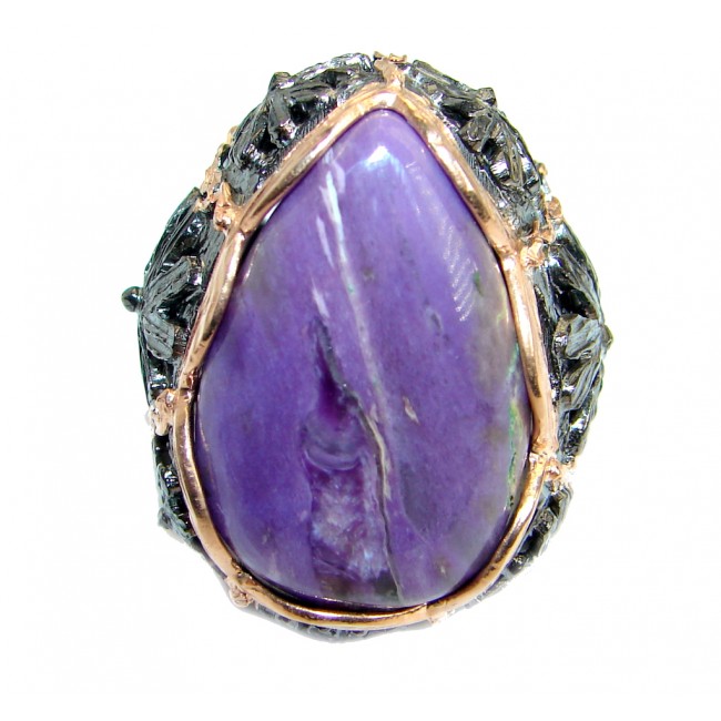 Large Genuine Siberian Charoite Gold over .925 Sterling Silver handcrafted Ring s. 8