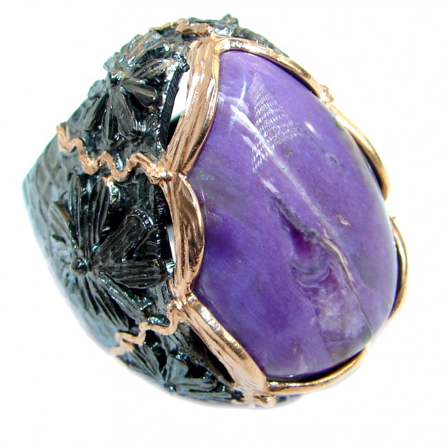 Large Genuine Siberian Charoite Gold over .925 Sterling Silver handcrafted Ring s. 8