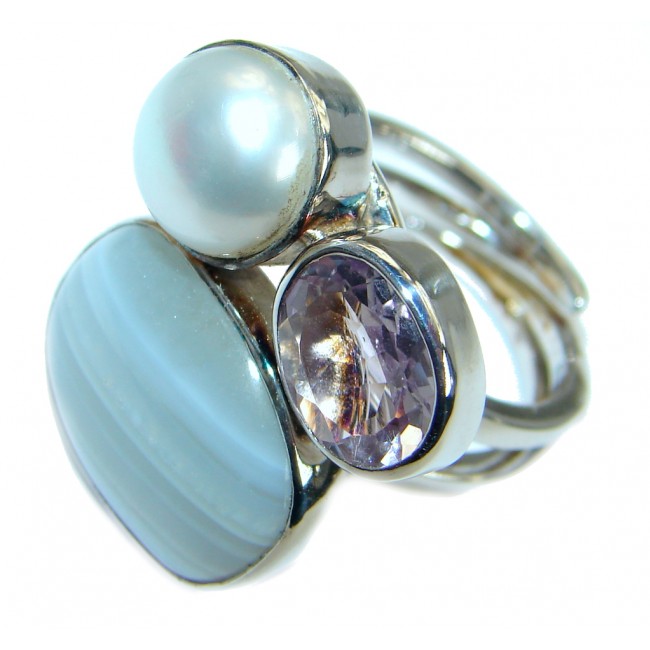 Delicate Light Blue Lace Agate .925 Sterling Silver handmade Ring s. 7