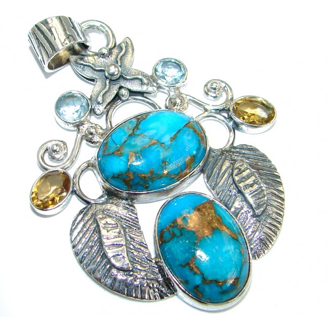Simple Style Blue Turquoise with copper vains .925 Sterling Silver Pendant