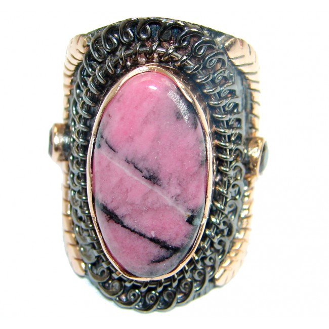 Big authentic Pink Rhodonite Gold Rhodium plated over .925 Sterling Silver Ring s. 9