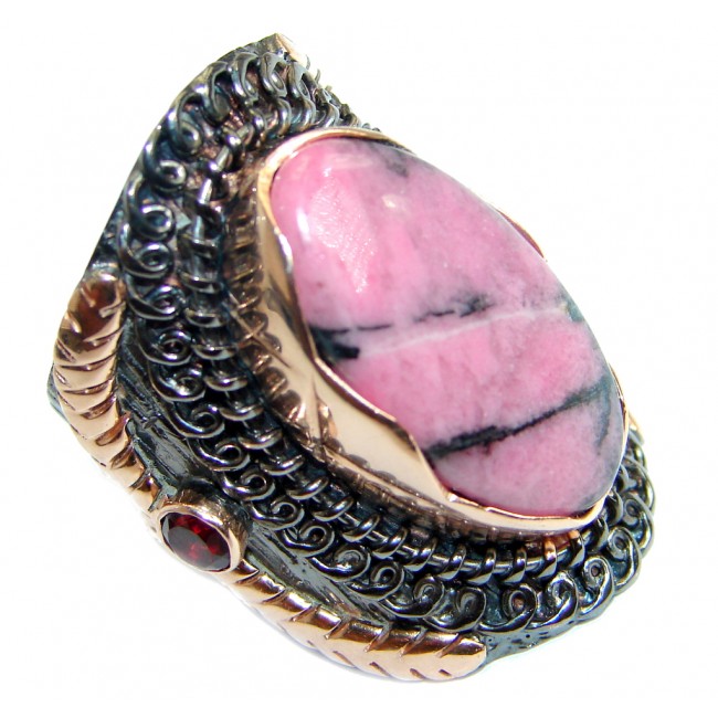 Big authentic Pink Rhodonite Gold Rhodium plated over .925 Sterling Silver Ring s. 9