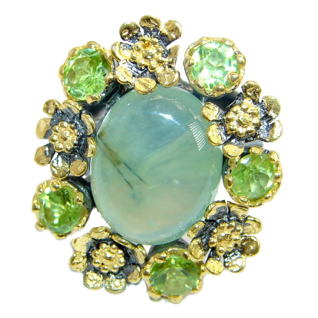 Supernova Green Moss Prehnite Gold over .925 Sterling Silver handcrafted ring; s. 7 adjustable