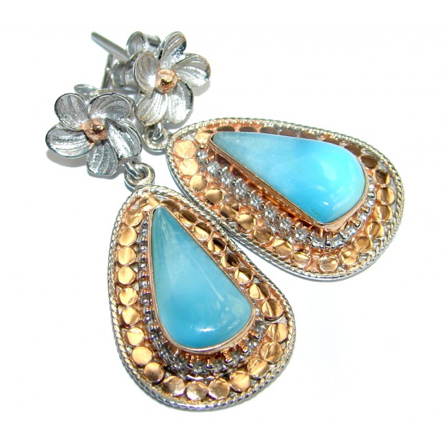 Precious genuine Blue Larimar Rose Gold over .925 Sterling Silver handmade earrings