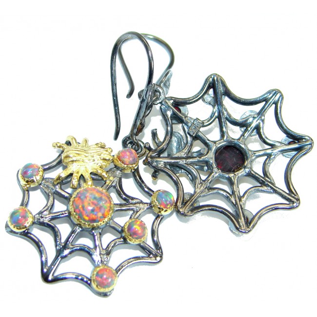 Spider's Web Fire Opal Gold Rhodium plated over .925 Sterling Silver earrings