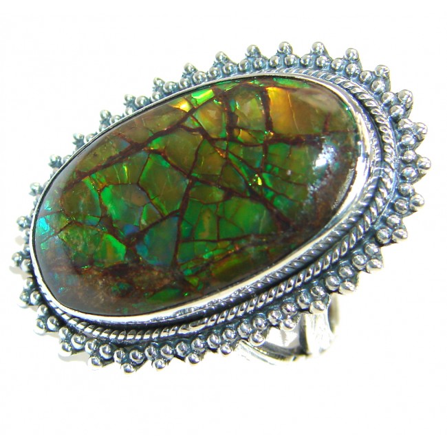 Earth Energy Fire Genuine Canadian Ammolite .925 Sterling Silver handmade ring s. 7 adjustable