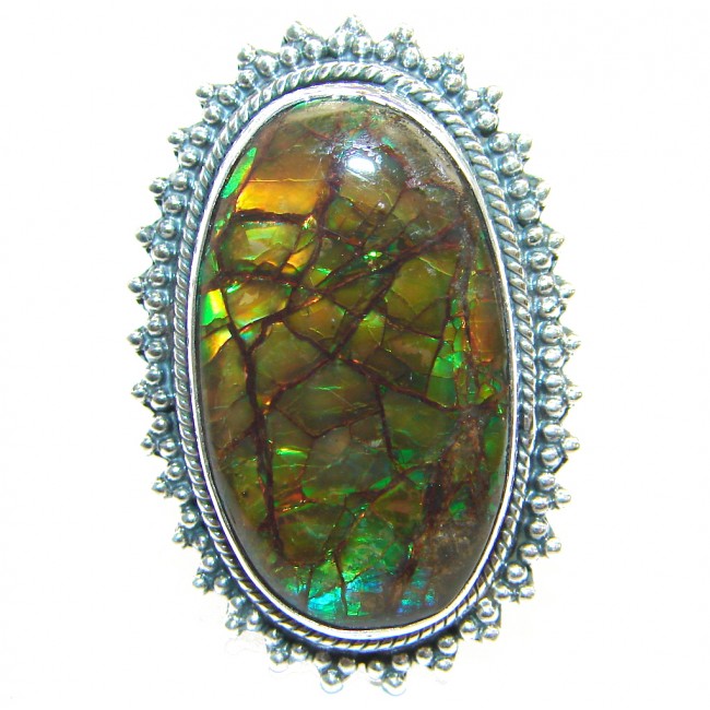 Earth Energy Fire Genuine Canadian Ammolite .925 Sterling Silver handmade ring s. 7 adjustable