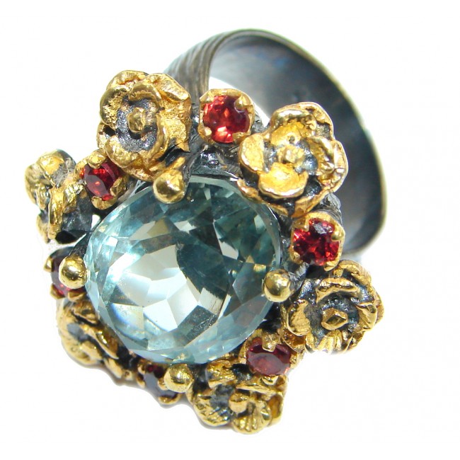 Vintage Style Green Amethyst 18 ct. Gold over .925 Sterling Silver handmade Ring s. 7 adjustable