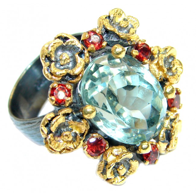 Vintage Style Green Amethyst 18 ct. Gold over .925 Sterling Silver handmade Ring s. 7 adjustable