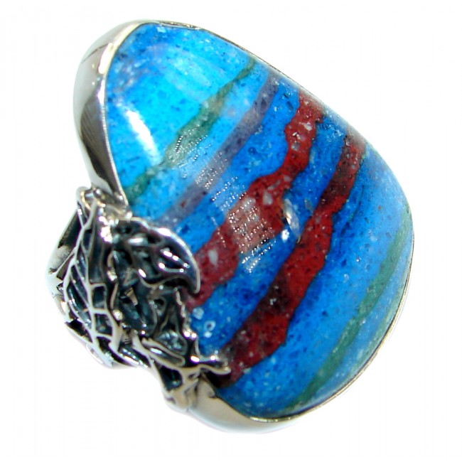 Blue Rainbow Calsilica .925 Sterling Silver handcrafted ring size 7 adjustable