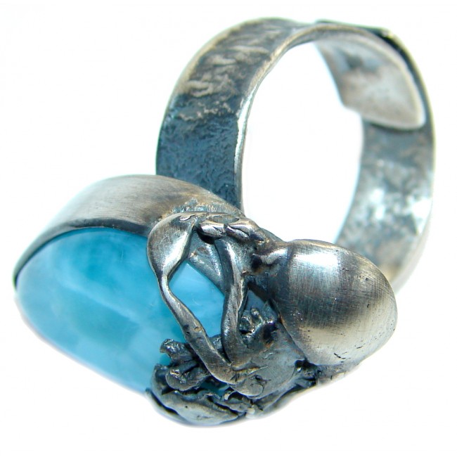 Genuine Larimar oxidized .925 Sterling Silver handcrafted Ring s. 7 adjustable