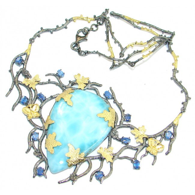 One of the kind Nature inspired Sublime Larimar Gold Rhodium over .925 Sterling Silver handmade necklace