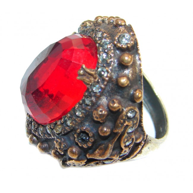 Large Victorian Style created Ruby & White Topaz Sterling Silver ring; s. 7 1/4