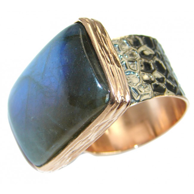 Blue Fire Labradorite Rose Gold over .925 Sterling Silver handmade ring size 7 adjustable