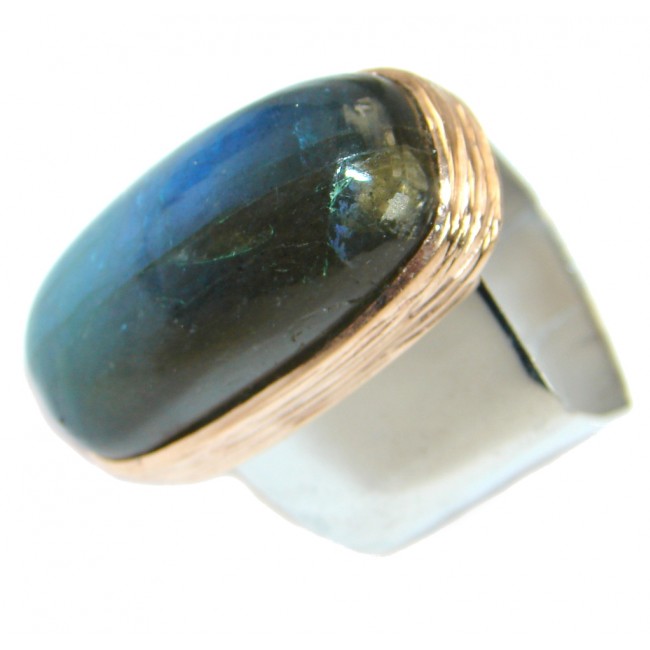 Blue Fire Labradorite Rose Gold over .925 Sterling Silver handmade ring size 7