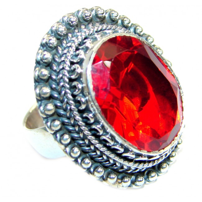 Rich design Intense Red Quartz .925 Sterling Silver handmade Ring s. 8 adjustable