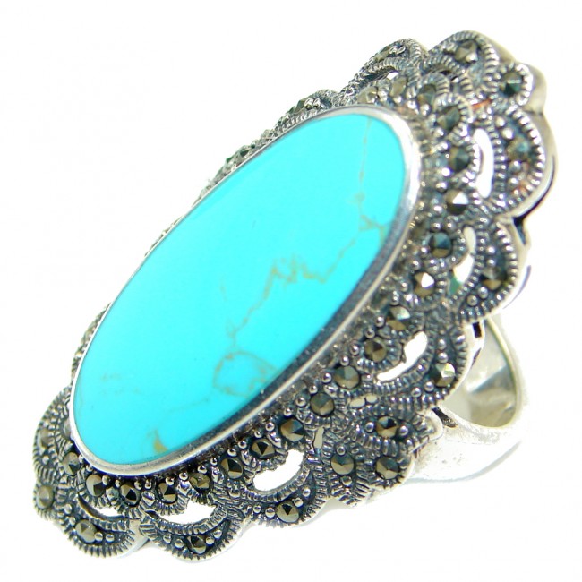Vintage Style Turquoise .925 Sterling Silver handmade Cocktail Ring size 8
