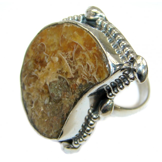 Stylish Brown Ammonite Fossil Sterling Silver Ring s. 10 3/4