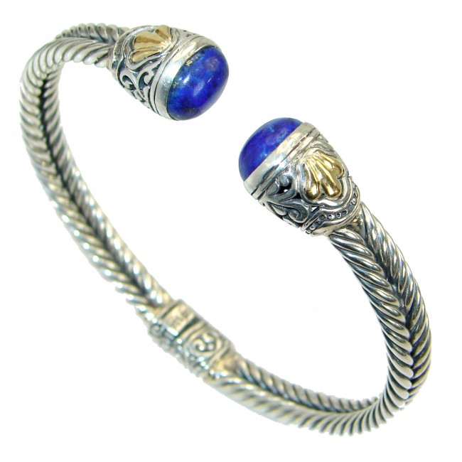 Chunky Genuine Lapis Lazuli two tones .925 Sterling Silver Doublet Hinge Bracelet