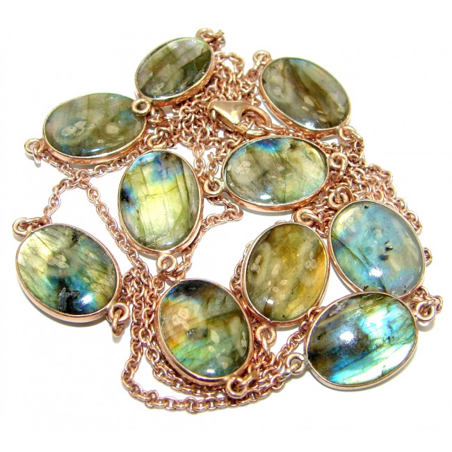 36 inches Genuine Fire Labradorite Gold over .925 Sterling Silver handmade Necklace