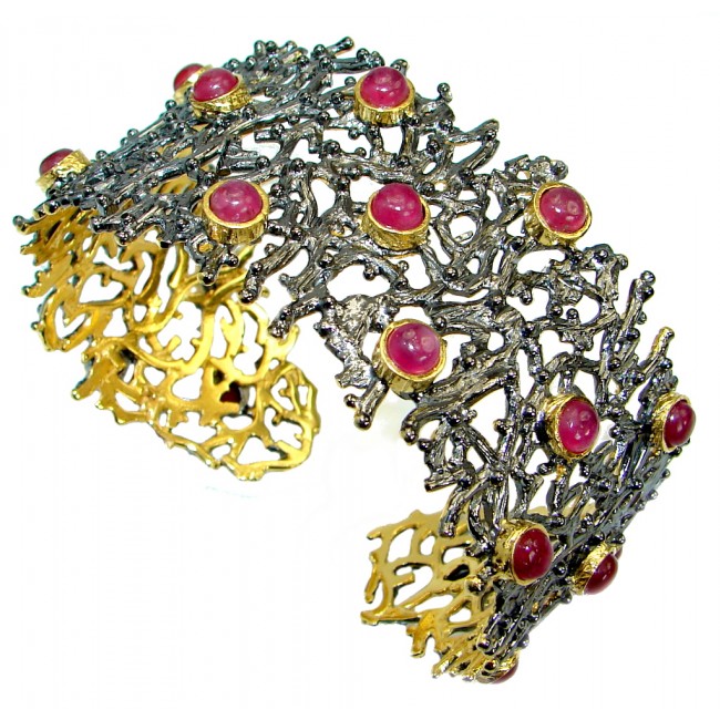 Huge Luxury Genuine Ruby Gold over. 925 Sterling Silver handmade Cuff/Bracelet