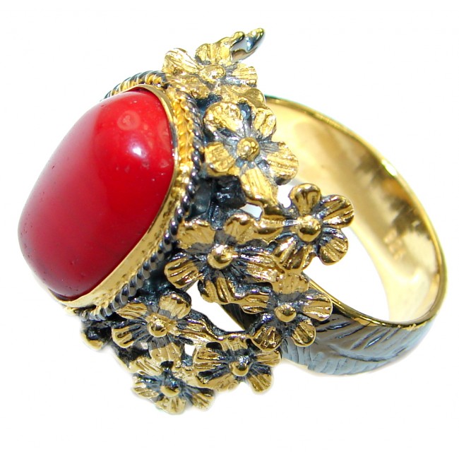 Gorgeous natural Fossilized Coral Gold over .925 Sterling Silver handmade ring s. 7 adjustable