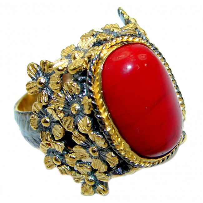 Gorgeous natural Fossilized Coral Gold over .925 Sterling Silver handmade ring s. 7 adjustable