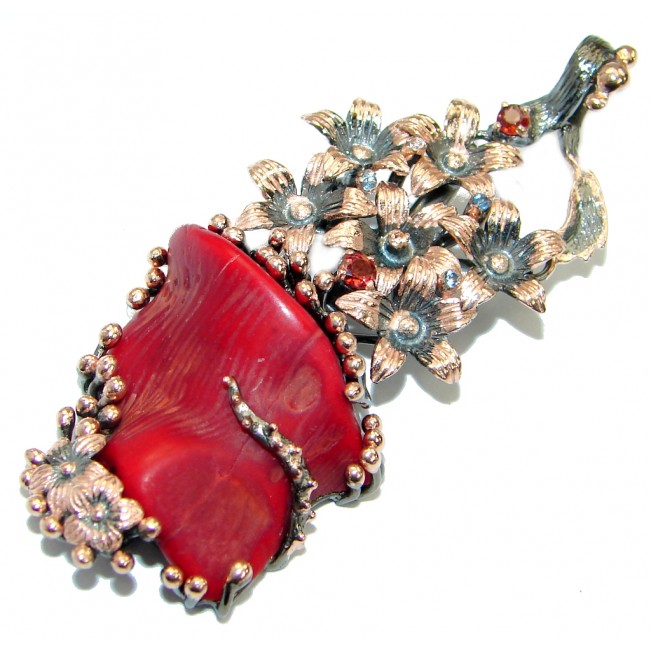 Positive Energy large Red Fossilized Coral Garnet .925 Coral Sterling Silver handmade pendant