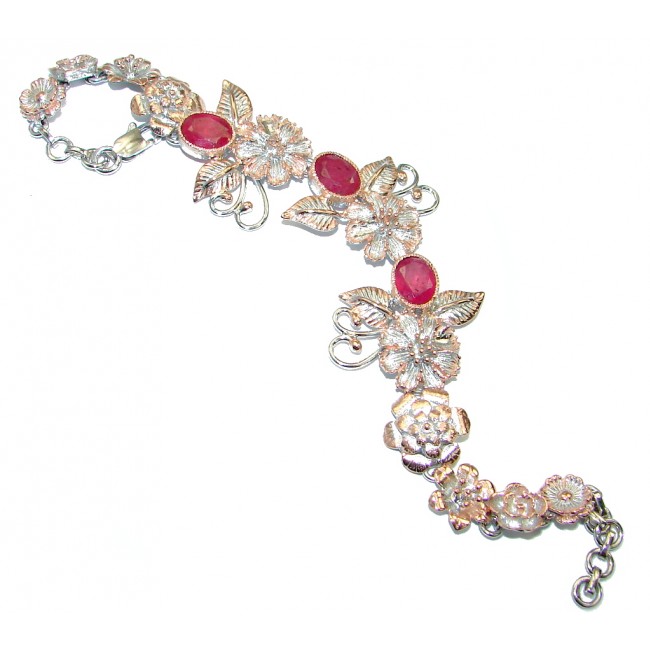 Floral Design genuine Ruby Rose Gold over .925 Sterling Silver handcrafted Bracelet