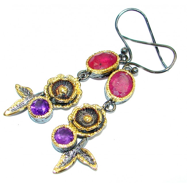 Unique genuine Ruby Gold Rhodium over .925 Sterling Silver handmade earrings