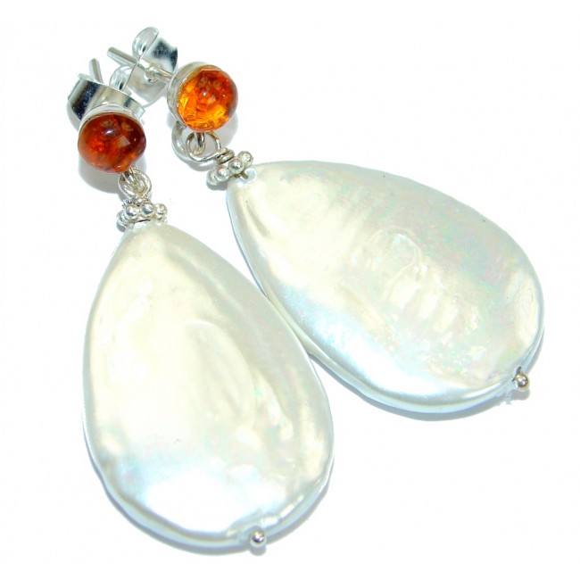Blister Pearl Amber .925 Sterling Silver handmade earrings