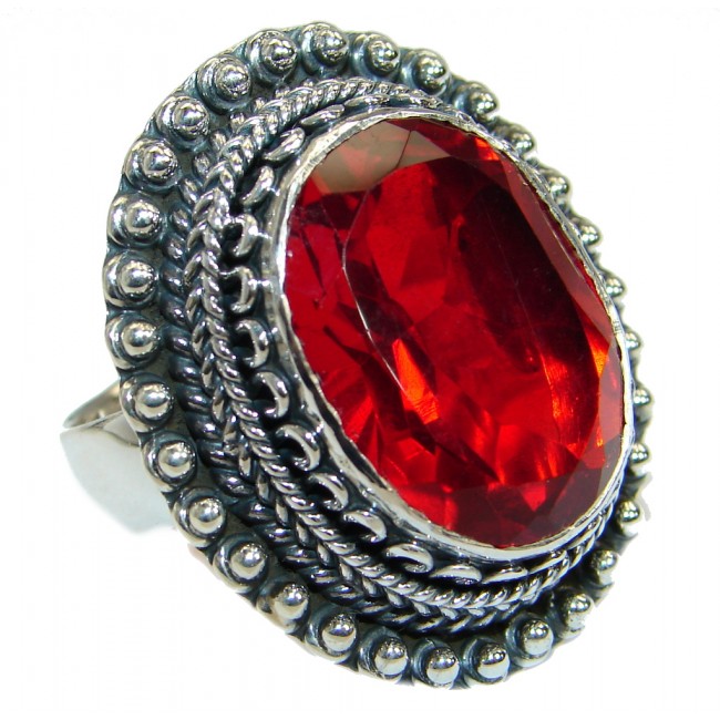 Rich design Intense Red Quartz .925 Sterling Silver handmade Ring s. 8 adjustable