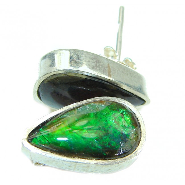 Green Aura Fire Ammolite .925 Sterling Silver handmade stud earrings