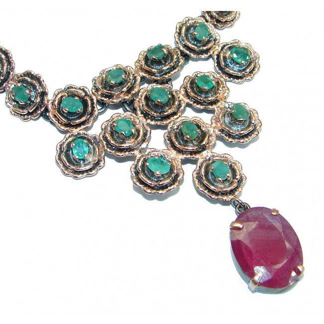 Victorian Style Natural Green Emerald & Ruby .925 Silver hancrafted necklace
