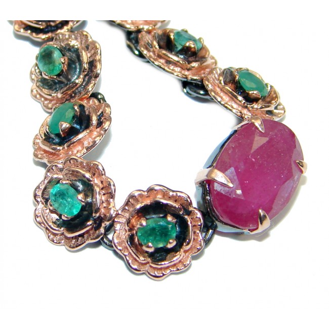 Floral Design genuine Ruby Emerald Gold over .925 Sterling Silver handcrafted Bracelet