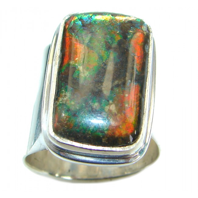 Pure Energy Fire Genuine Canadian Ammolite .925 Sterling Silver handmade wrap adjustable Ring