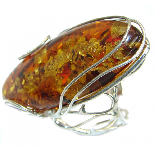Huge Luxury Genuine Baltic Polish Amber .925 Sterling Silver Ring size 7 adjustable