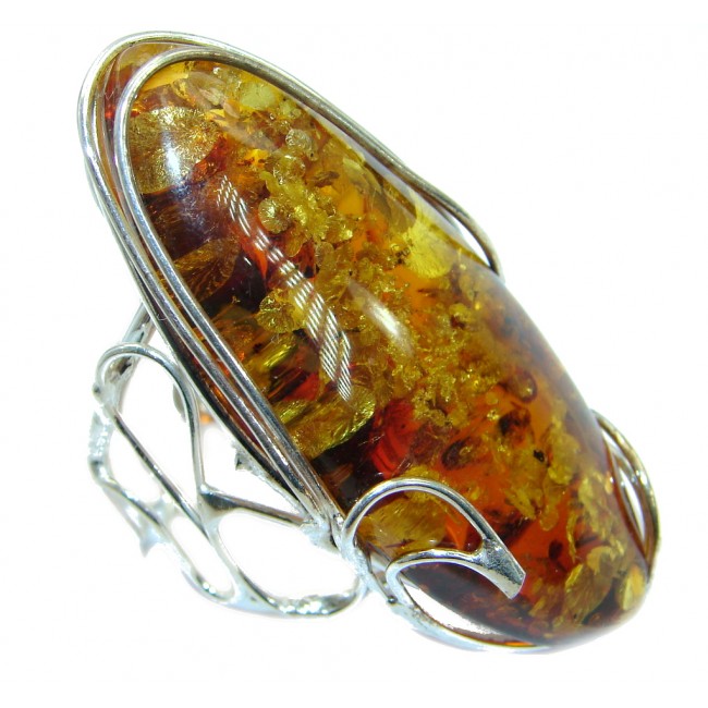 Huge Luxury Genuine Baltic Polish Amber .925 Sterling Silver Ring size 7 adjustable