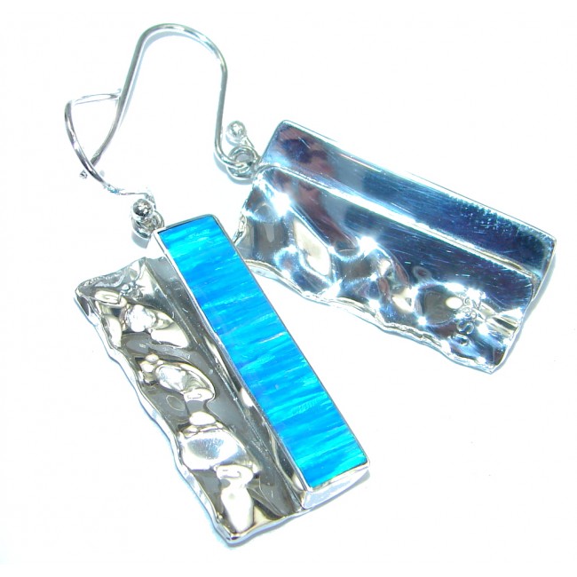 Ocean Blue Japanese Fire Opal hammered .925 Sterling Silver earrings